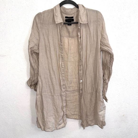 Tahari Linen Cream Long Sleeve Button Front Beach Boho Blouse Top Size Large - Picture 1 of 7